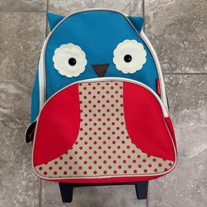 Skip Hop Zoo Kids Rolling Luggage Otis Owl Blue Red Polka Dot Suitcase